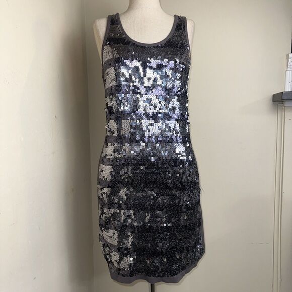 FOREVER Sequin Sleeveless Ribbed Cotton Gray Stretchy Tank Dress Size Medium - Picture 1 of 7